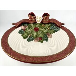Christmas Dish Bowl Vintage Fitz And Floyd Bow Holly 10 1/2" X 2 3/4" Deep